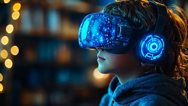 Child uses VR headset at home. A child explores a digital world in the evening, wearing a VR headset and headphones in the living room.
