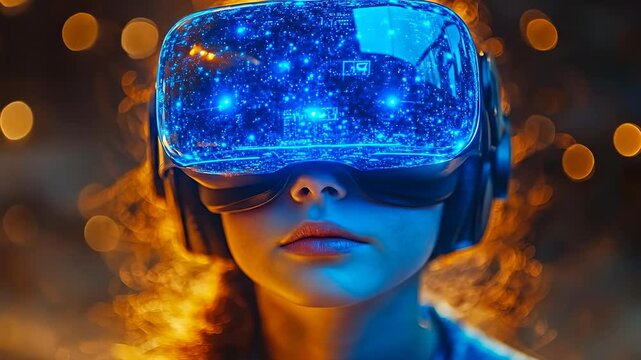 Girl games with VR headset. A girl is wearing a virtual reality headset and engaging with digital content. She appears focused and intrigued.