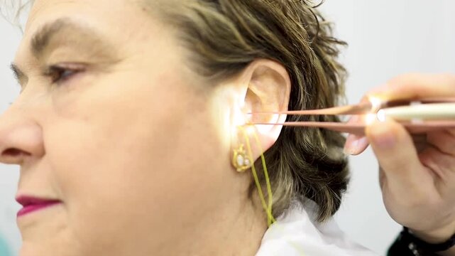 Video of an ENT specialist making a mold for an elderly woman's earplug. The professional places a stopper in her ear. Concept of earplug molds for noise reduction