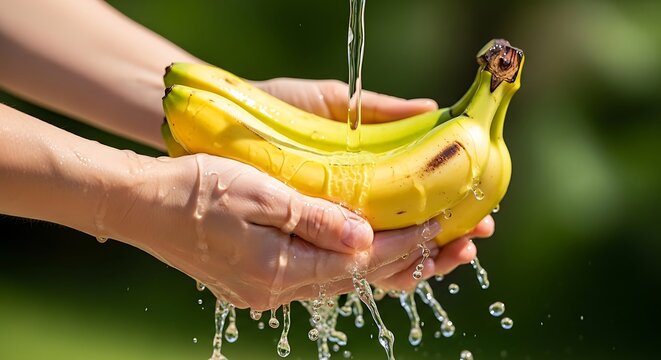 Hands holding bananas under running water outdoors