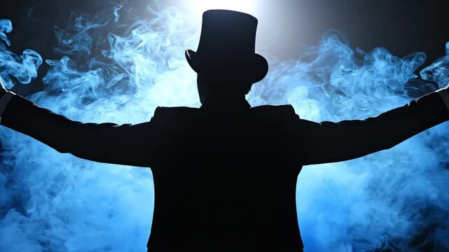 Silhouette of a tophat figure with blue smoke