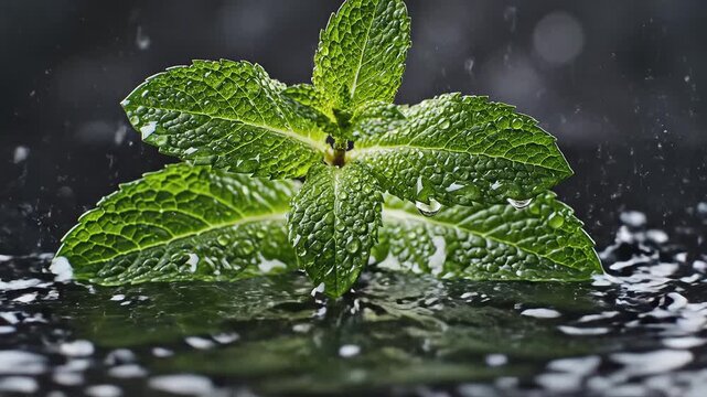 Fresh mint leaves with splashing water