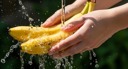 Fototapeta premium Hands washing bananas under running water outdoors on a sunny day