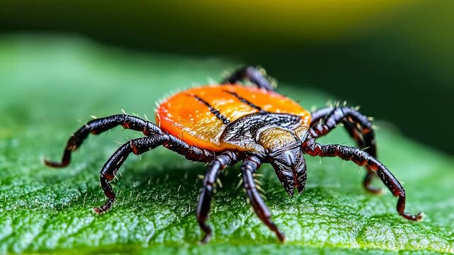 Close view of a tick on a green leaf. A tick with orange and black markings is crawling on a green leaf during daylight hours.