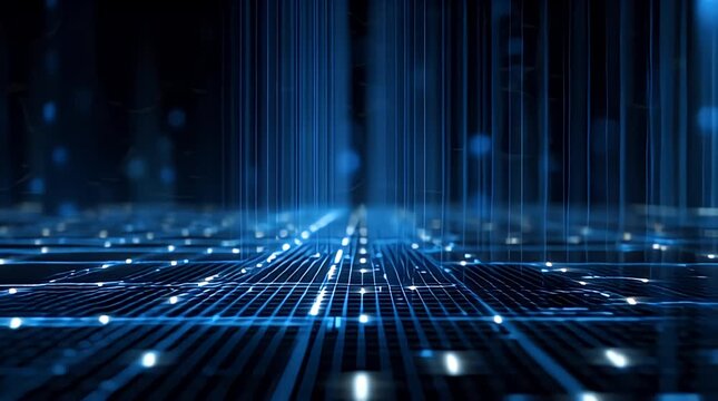 Glowing blue grid lines stretch into the distance on a dark futuristic digital background with bright nodes