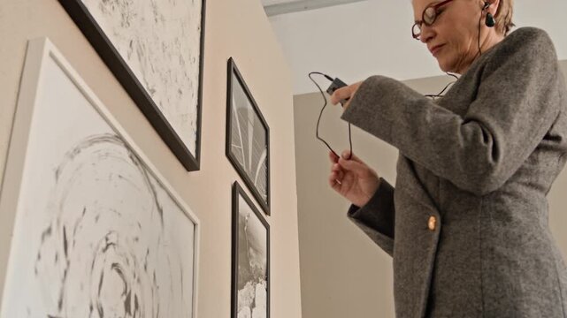 Low angle slowmo shot of mature Caucasian woman in elegant outfit approaching gallery wall and observing black and white modern art exhibition while listening to audio guide in earphones