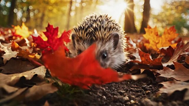 Hedgehog Snuffling Through Autumn Leaves in Forest