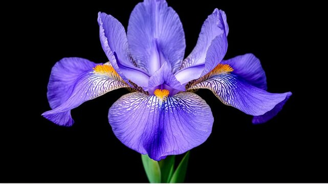 Purple flower on black. A close-up view of a purple flower shows its shape and colors against a black background.