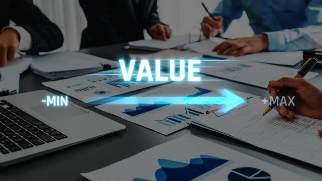 A dynamic business meeting showcasing the concept of value growth from minimal to maximum. Documents and charts illustrate strategic planning and teamwork. Raster