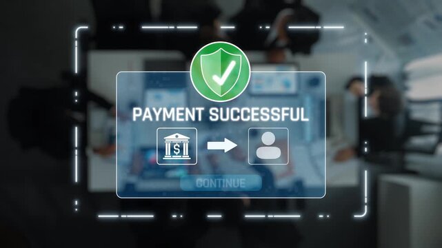 A digital representation of a successful payment confirmation, highlighting secure transaction processes between a bank and a client, with visual elements emphasizing trust and verification. Raster