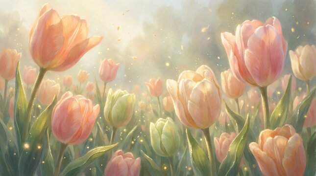 Soft Spring Tulips in Morning Light, Pastel Floral Digital Painting