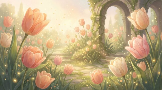 Spring Tulip Garden with Stone Arch, Soft Light Fantasy Illustration