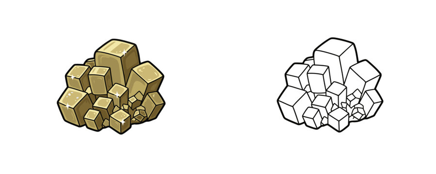 Pyrite iron crystal cluster vector illustrations shown in colored cartoon and black outline linear styles, gold and brass tones, representing metallic mineral on white background