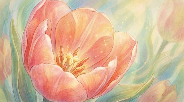 Hand Drawn Tulip Illustration in Soft Pastel Colors, Floral Art