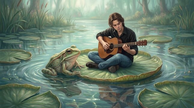 Man Playing Guitar on Lily Pad with Frog, Fantasy Pond Illustration