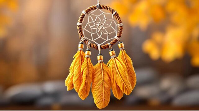Dream catcher hangs in autumn light. A dream catcher with bright feathers is displayed against a backdrop of orange and yellow leaves during fall.