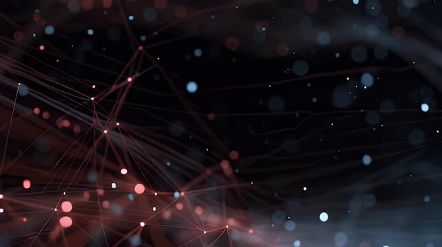A futuristic network of glowing red and blue lines and dots spreads across a dark background.