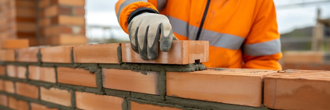 Construction worker laying bricks on wall at building site