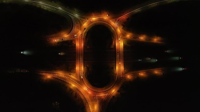 Drone footage of illuminated highway curves with moving cars at night on Ireland N4.