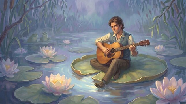 Man Playing Guitar on Lily Pad in Misty Pond, Peaceful Fantasy Illustration