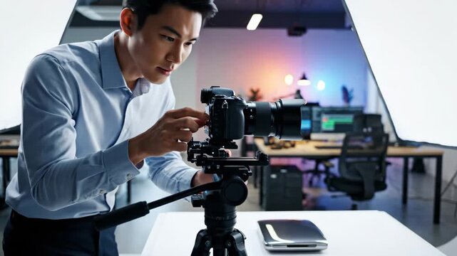 Professional photographer setting up camera equipment for product shoot in studio