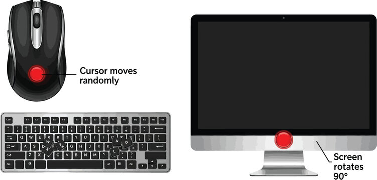 A technical diagram illustrates computer malfunction points including a randomly moving cursor and a screen rotating ninety degrees.
