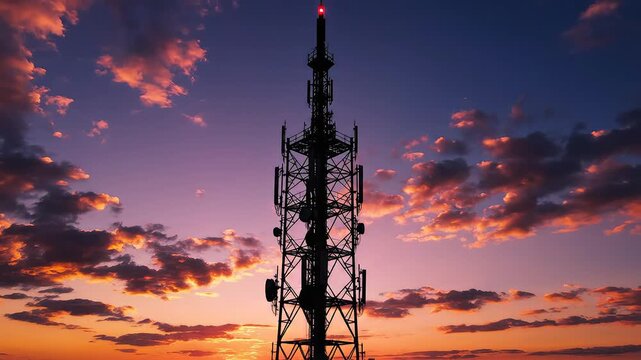 Cell tower against sunset sky
