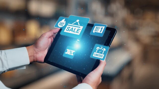Sale and promotion icons with hot deal, discount tag, shopping bag, limited offer, coupon, VIP card, buy one get one, online shopping, and special event sale. Gist