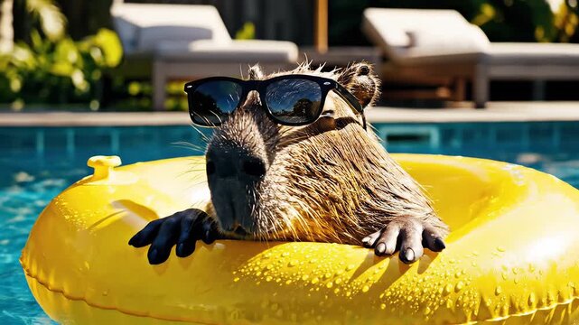 Capybara in pool with floatie