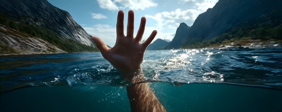 A hand reaches out from a mountain lake, half submerged, capturing a dramatic moment of struggle and survival in a stunning natural landscape under bright sunlight.