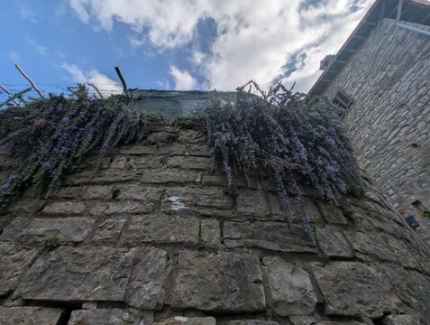 Muro in pietra con fiori viola in un borgo storico italiano, ripreso dal basso con cielo parzialmente nuvoloso