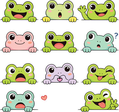 Cute frog cartoon faces set with different emotions, kawaii green frog characters peeking, funny expressions vector illustration for kids, stickers and mascot design