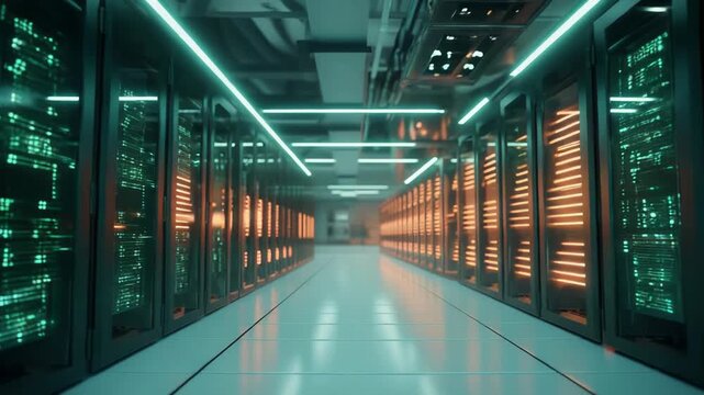Data center floor with rows of server racks filled with glowing lights, symbolizing high performance computing, big data analysis, and crucial internet technology infrastructure