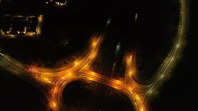 Night drone perspective of a busy N4 interchange with glowing lights and smooth vehicle movement.