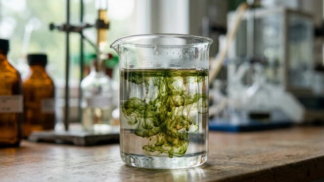 Eco friendly solvents green chemistry laboratory beaker with green dye diffusing into clear solvent creating swirling diffusion patterns and calm