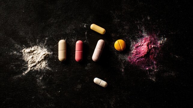 Assorted tablets, capsules, and powder substances scattered on a black background, illustrating concepts of healthcare, drug dependence, and pain management