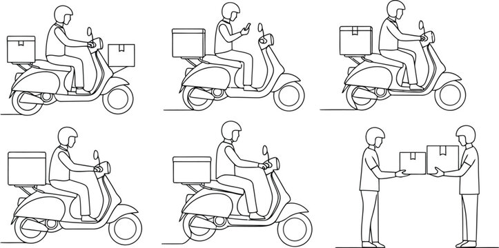 Delivery scooter and package handover icons with represents logistics and