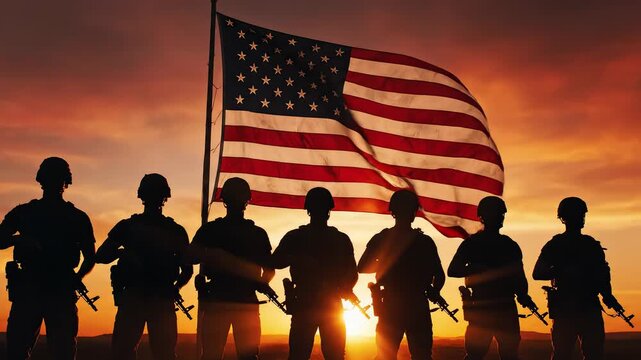 Soldiers with American flag at sunset