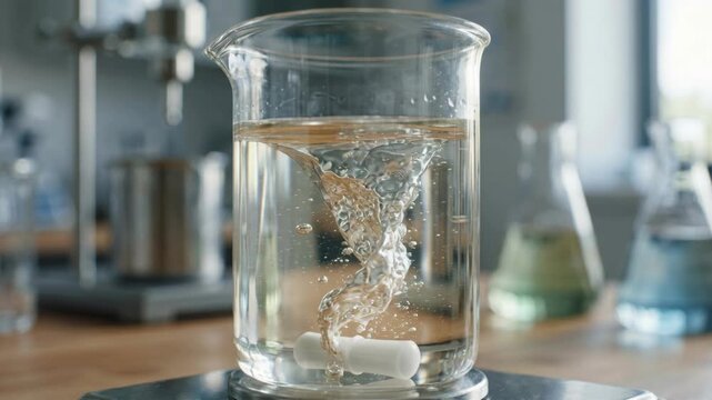 Eco friendly solvents green chemistry beaker vortex mixing clear liquid with magnetic stir bar laboratory stirring tablet dissolving creating bubbly