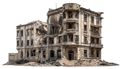 Razed multi story residential building with broken windows, crumbling walls and scattered rubble, isolated on transparent background to show urban war damage and abandonment