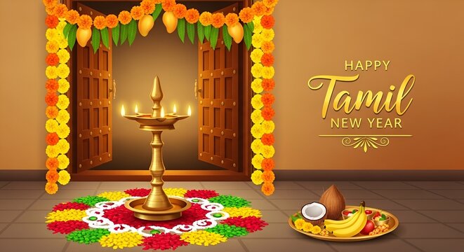 Traditional indian diwali festival decoration with candles fruits and floral patterns celebrating tamil new year