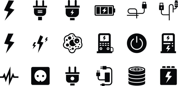 Collection of Electricity and Energy Related Icons in Black Silhouette Keywords: electricity, energy, power, lightning bolt, plug, socket, battery
