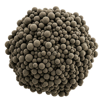 Rare earth processing stage sphere composed of textured clay pellets arranged in clustered formation conveying industrial material science mood