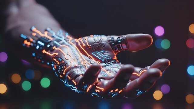 Cybernetic hand with glowing circuits