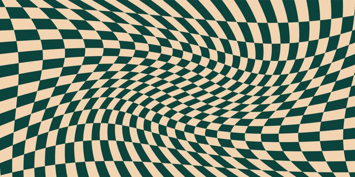 Groovy wave psychedelic checkerboard background. Hippie, retro chessboard template.Eps10