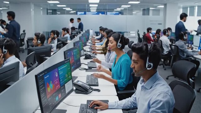 Busy Support Environment. Agents Managing Customer Interactions Diligently. Teamwork Amid Professional Office Setting. Customer Service Team Working Collaboratively With Supervision Present