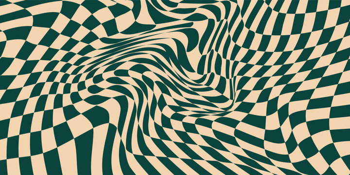 Groovy wave psychedelic checkerboard background. Hippie, retro chessboard template.Eps10