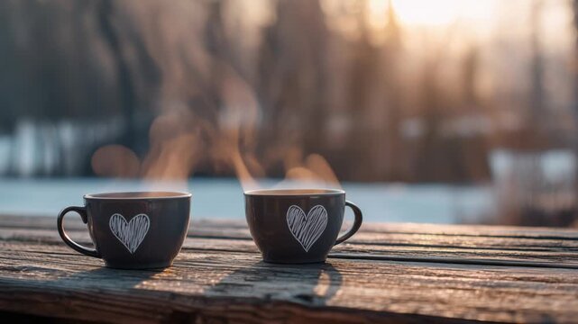 Cups of hot coffee resting on a wooden table in a snowy landscape during sunset in winter season