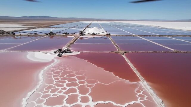 Salt Harvesting Landscape. Aerial View Of Salt Basins With Machinery And Crystalline Formations. High Contrast Aerial Imagery Of Salt Extraction Process With Geometric Pools And White Salt Deposits