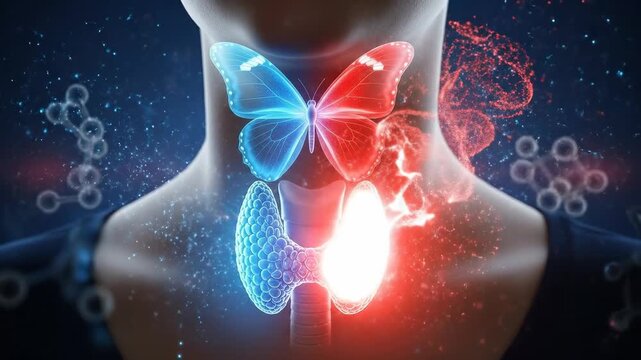 Thyroid gland, endocrine system health, hormone regulation imbalance, metabolic function, butterfly shape concept, disease awareness, human anatomy, cellular level, medical visualization